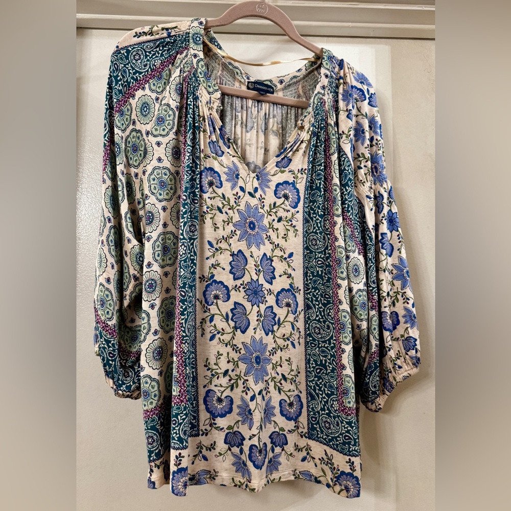 Democracy Peasant Top Plus Size 1X Boho Print Stretch Rayon Knit Jersey